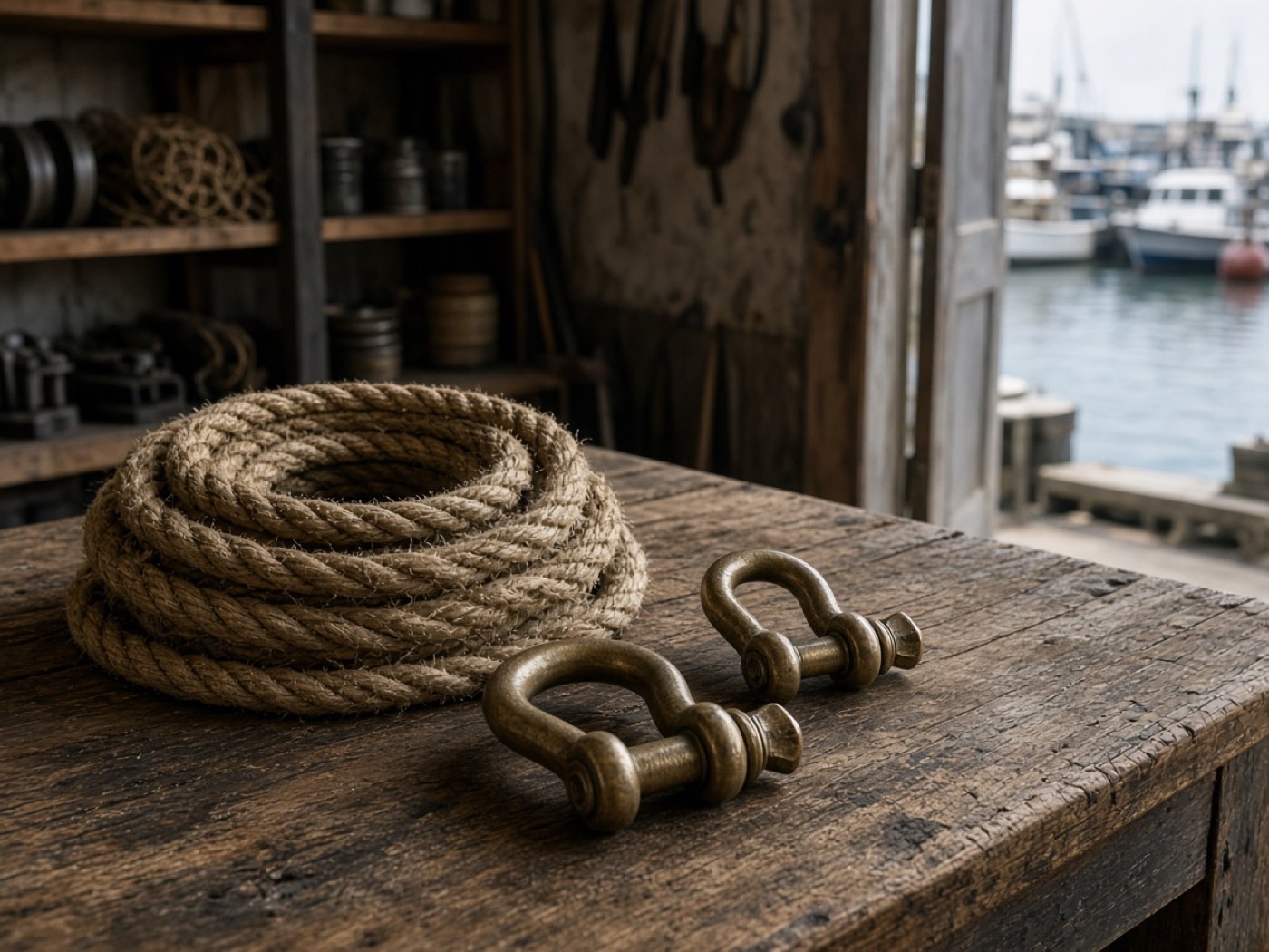 Manila rope and brass shackles on the counter
